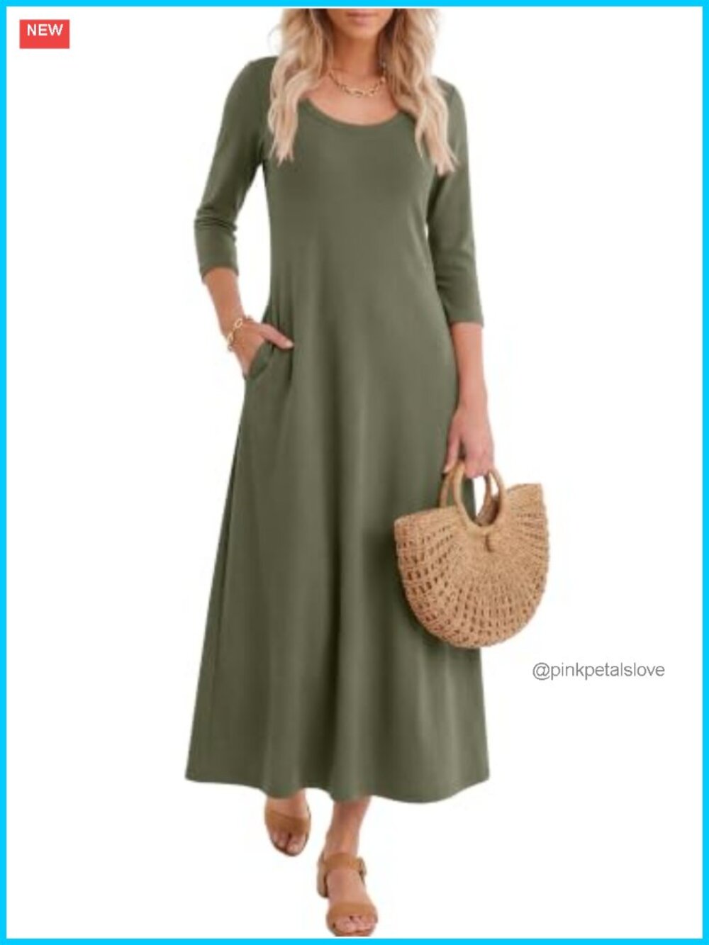 ANRABESS Womens 3/4 Sleeve Scoop Neck A-Line Maxi Dress with Pockets